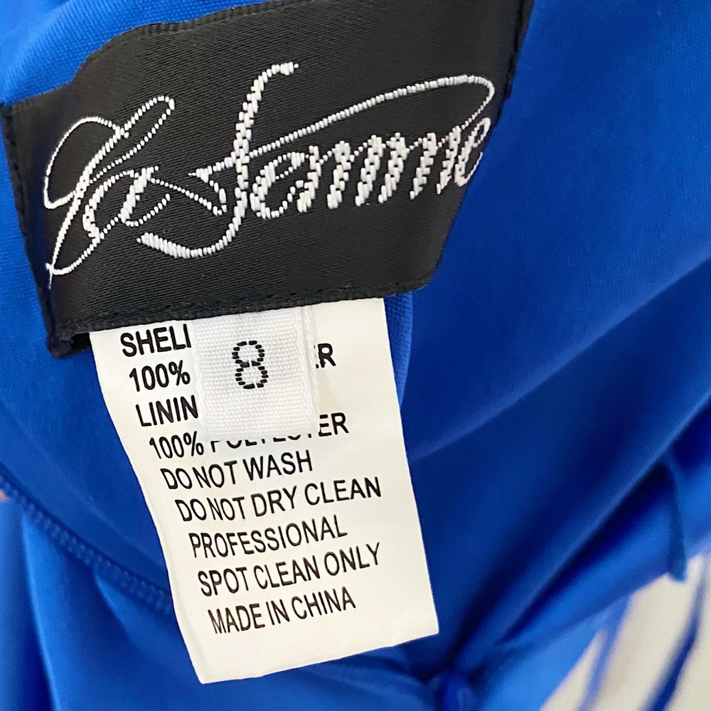 La Femme Royal Blue Satin Deep V-neck A-line Gown Formal Gown Prom Size 8 - Picture 6 of 7